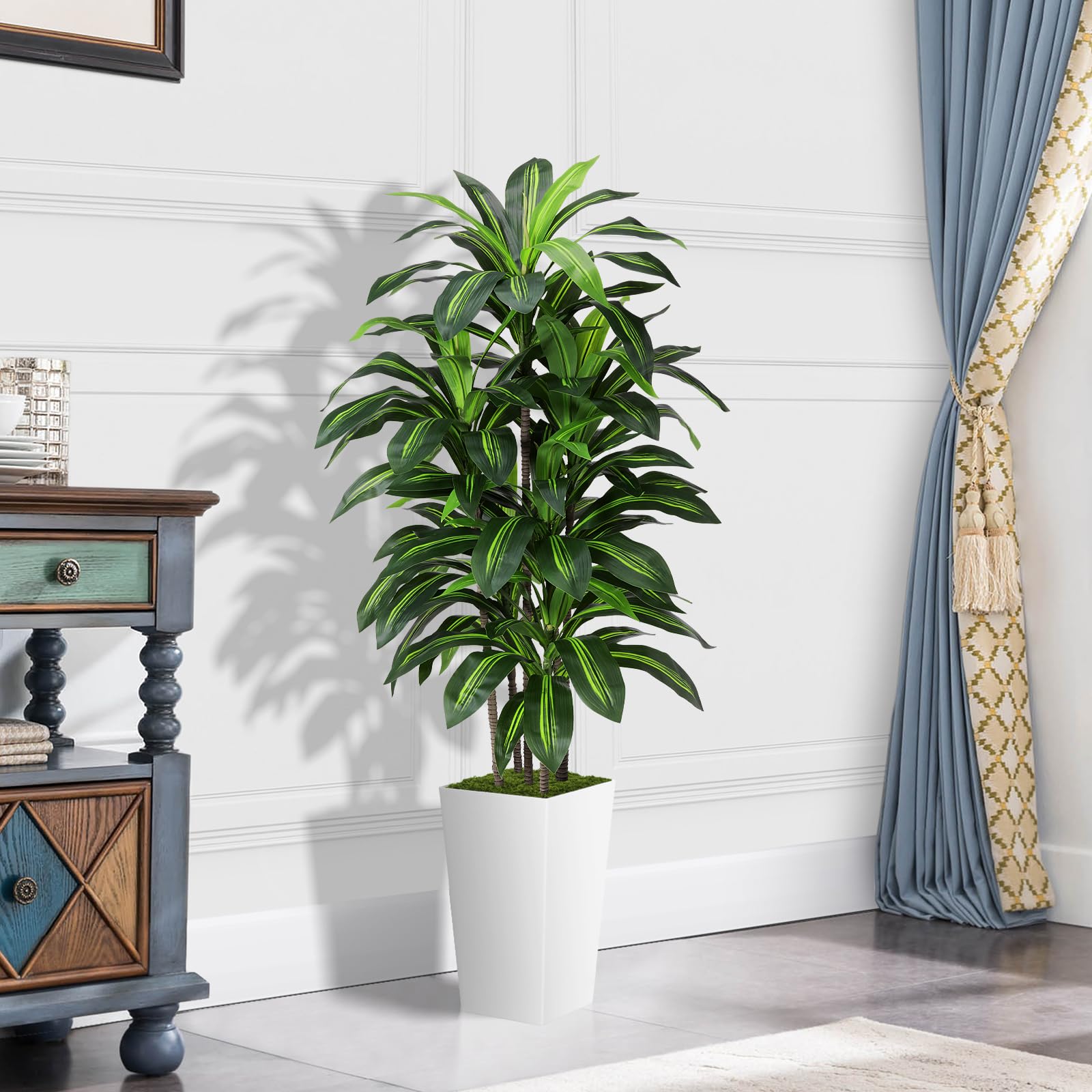 Artificial Dracaena Plant Indoor 5FT - Fake Tree with White Tall Planter