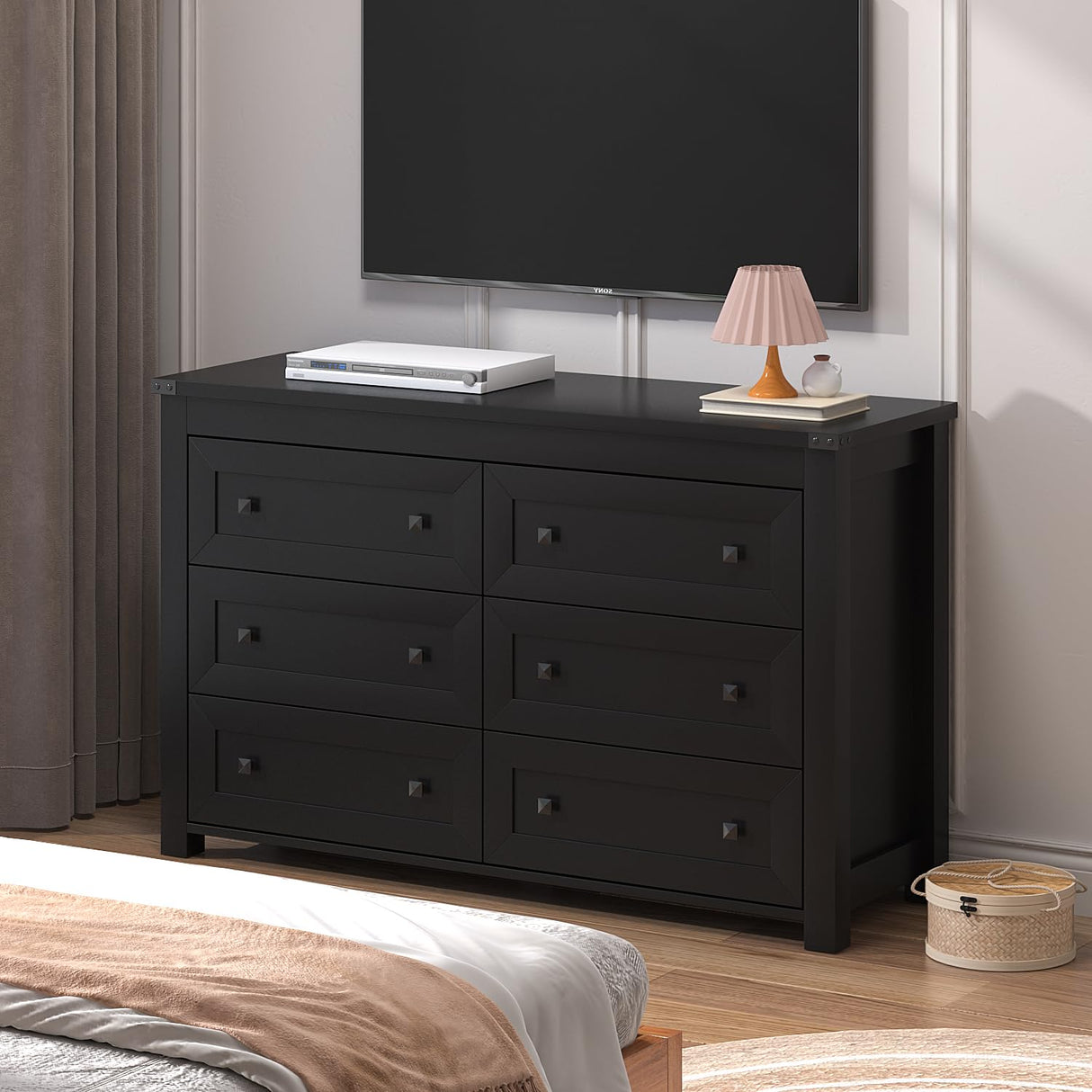 Black 6 Drawers Dresser for Bedroom,Wood Storage Chest of Drawers