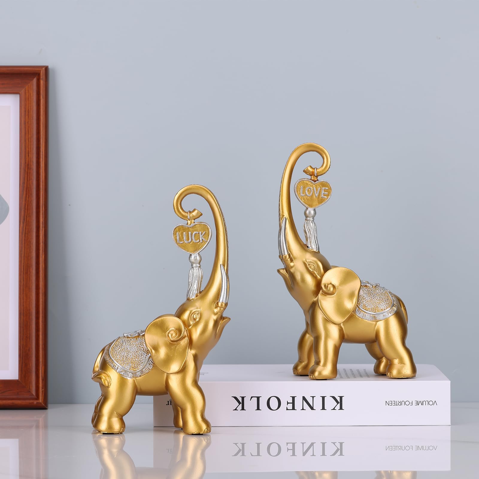 Gold Elephant Statue 2 Piece Set, Love Elephant Sculpture, Gold Figurine Home Decor