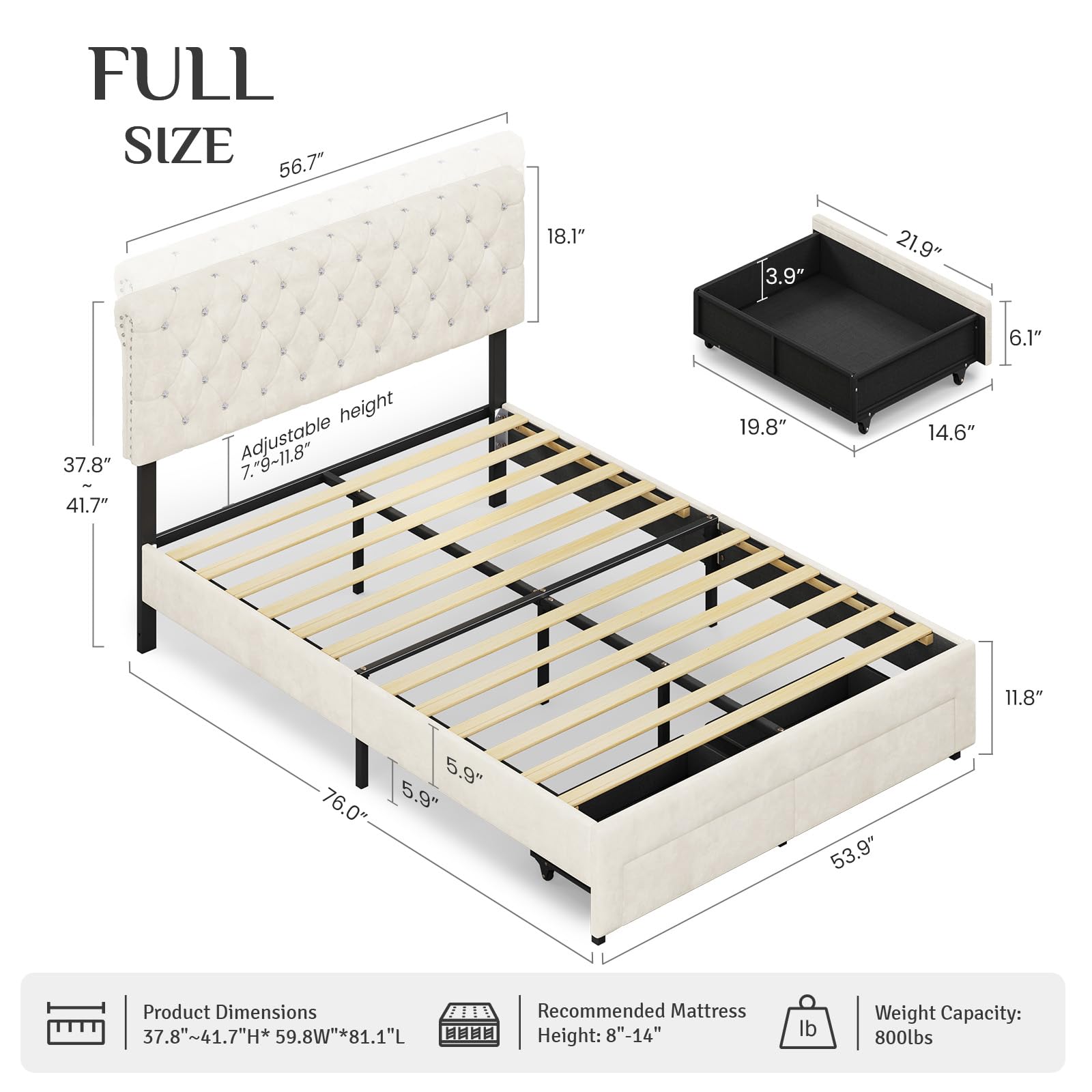 Full Bed Frame with Storage Drawer and Adjustable Headboard