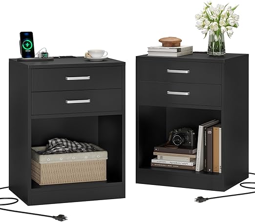 Nightstands Set of 2,Grey Nightstand with Charging Station & Drawers