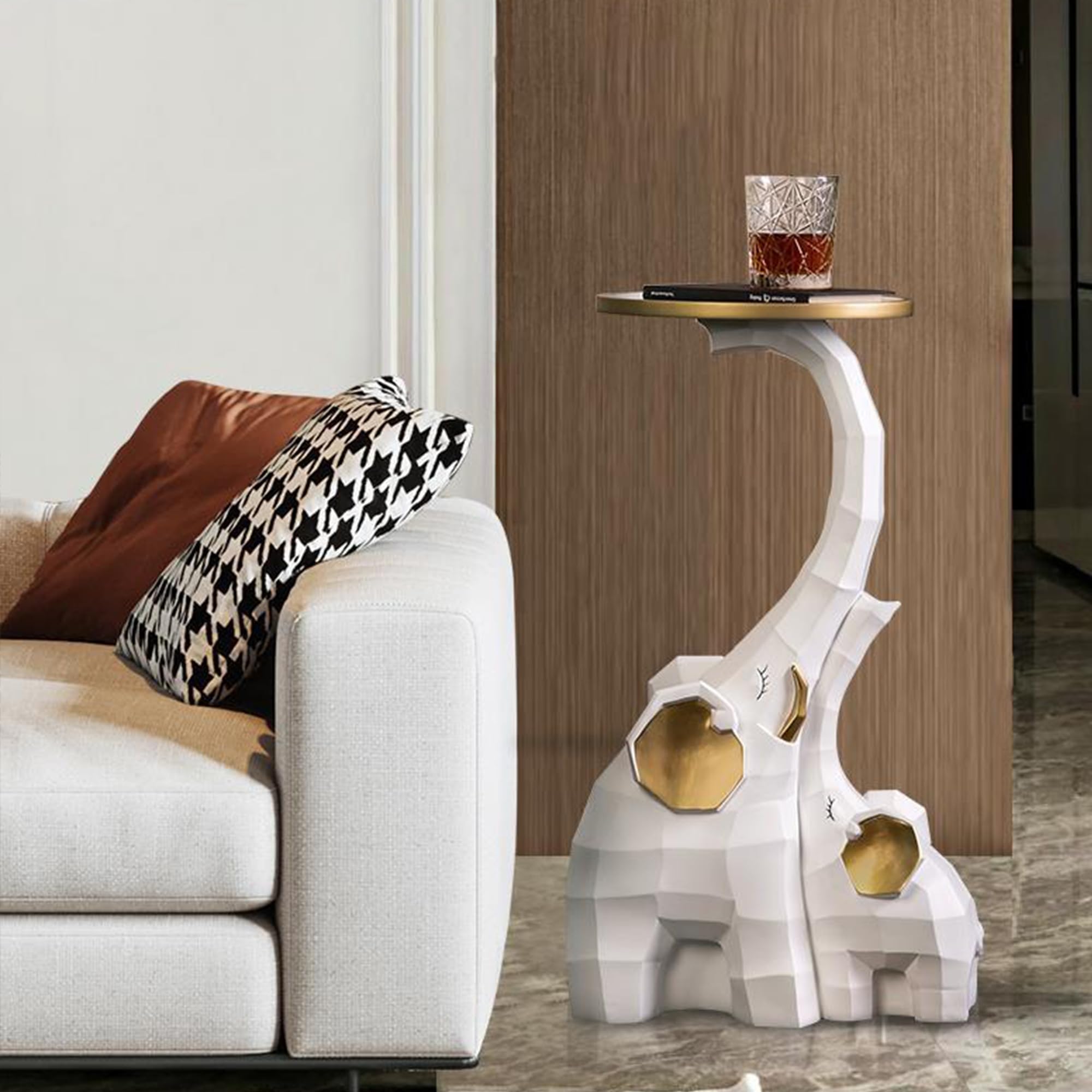 Elephant Sculpture Side Table with Tray Top - Modern Elephant Decor Floor Statue