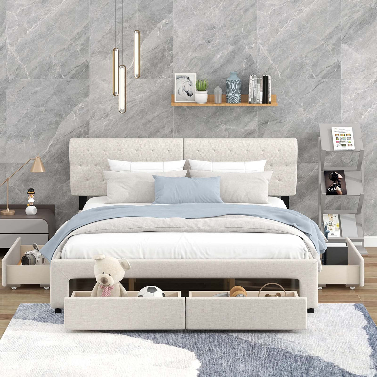 Queen Size Linen Upholstered Platform Bed, Wooden Platform Bed