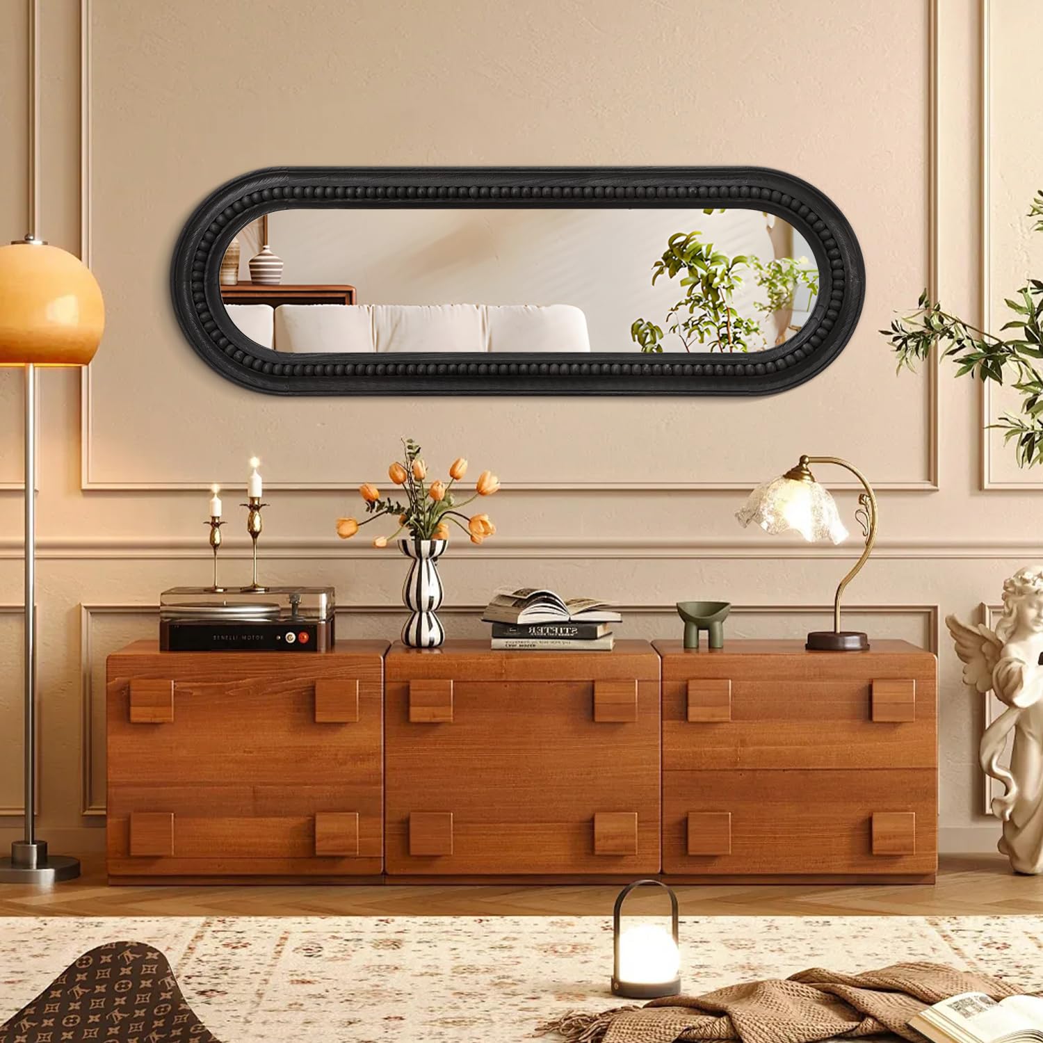 Oval Full Length Mirror with Beaded Wood Frame - 47"x16" Black Wall Mirror