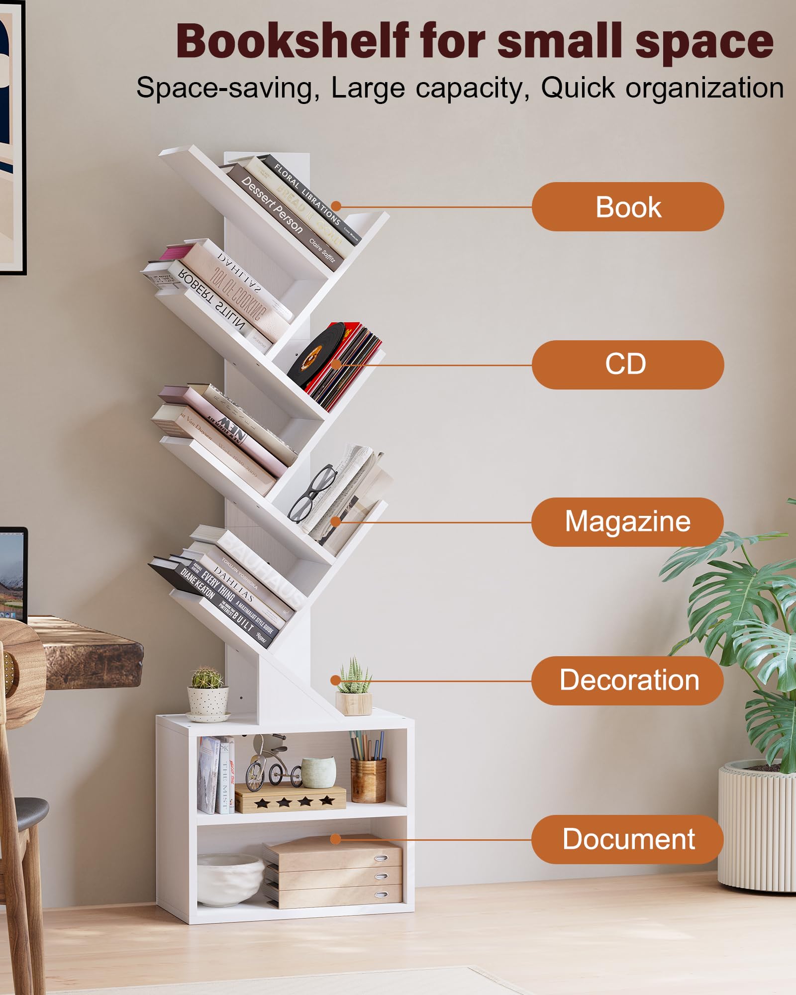 SUNMORY Tree Bookshelf, Brown and White