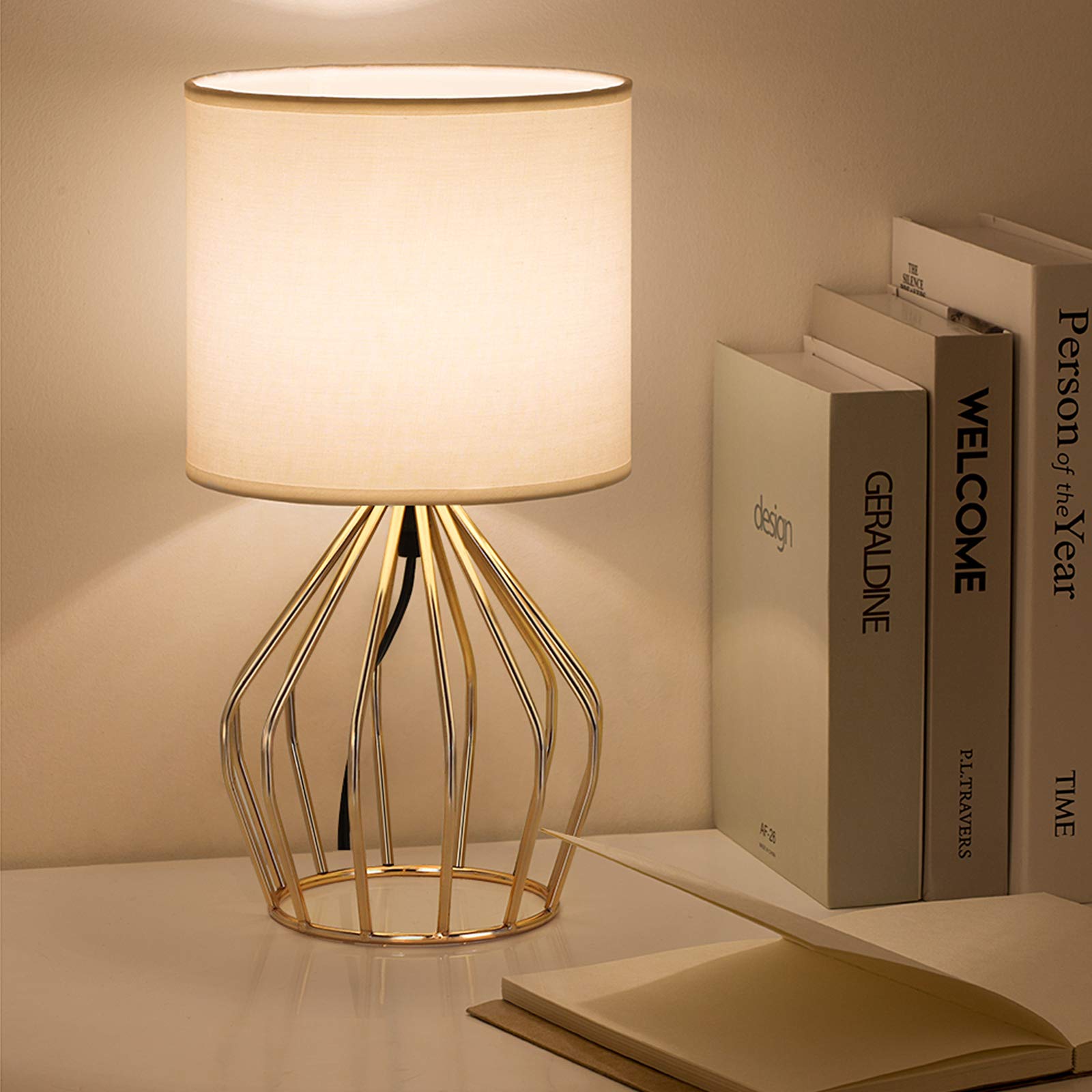 Gold Table Lamp - Modern Style Desk Lamp with Hollowed Out Base Linen Fabric Shade,