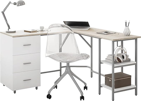 L Shaped Desk - Two-Toned Computer Desk with Drawers & Storage Shelves