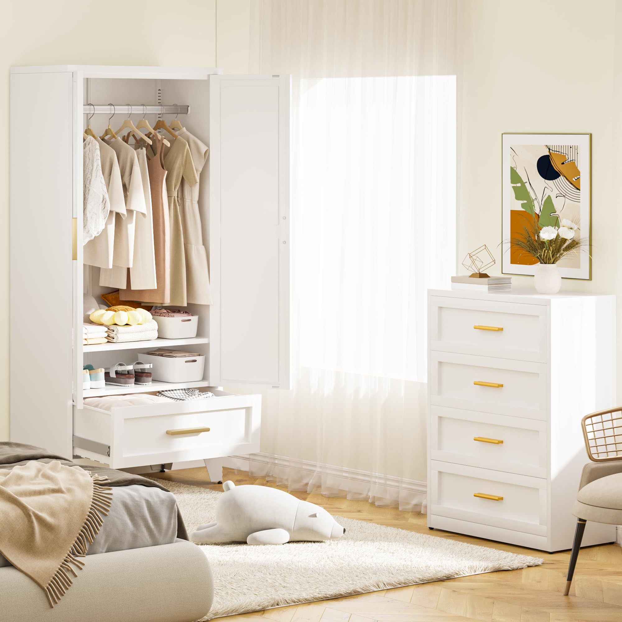 Metal Wardrobe Cabinet,71 Armoire Wardrobe Closet with Drawers and Hanging Rod