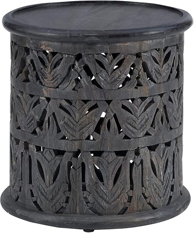 Dark Grey Hand Carved Details Tarton Round Side Table