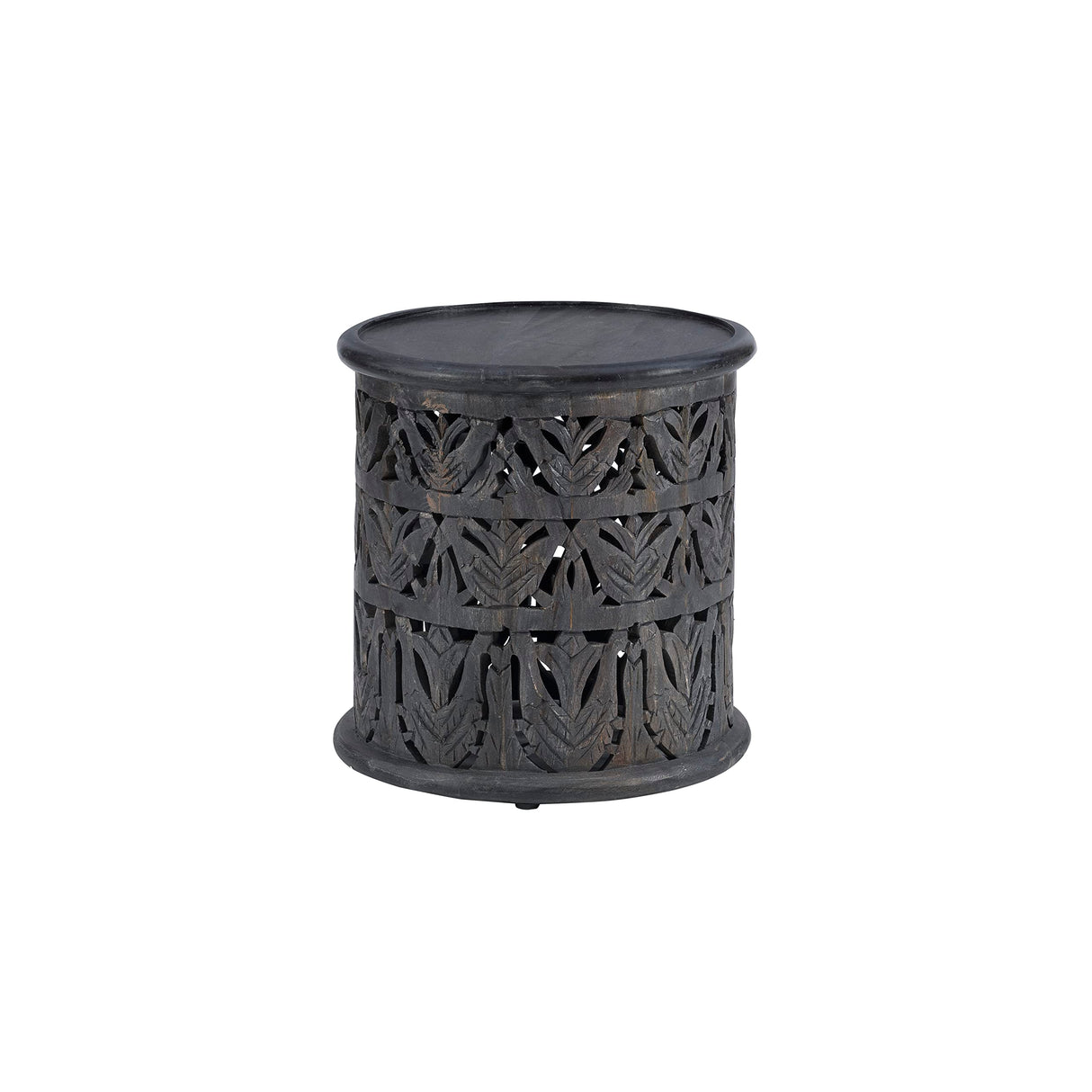 Dark Grey Hand Carved Details Tarton Round Side Table