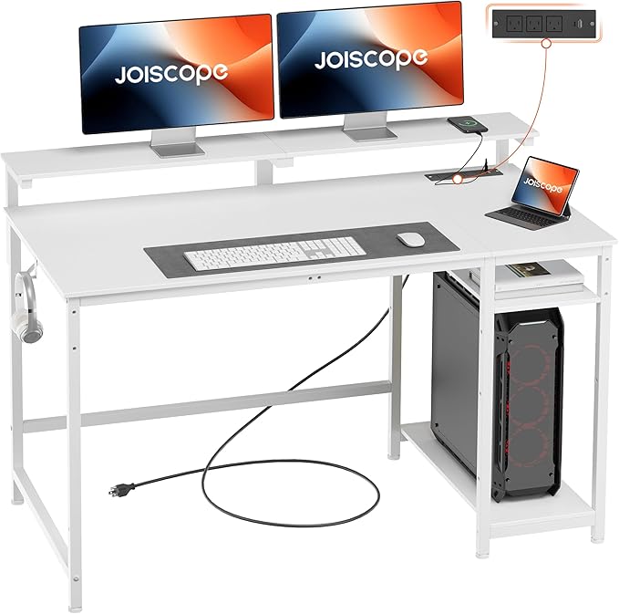 Home Office Desk with Power Outlets (3AC, USB, Type-C), 48 × 20 Inch Computer Desk