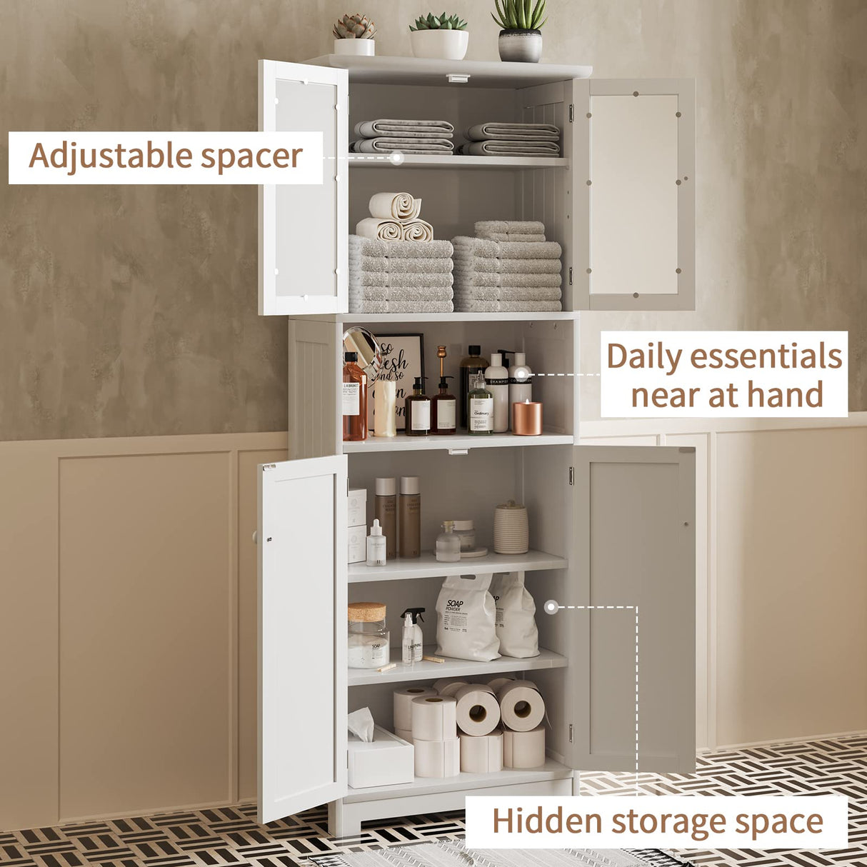 Tall Bathroom Storage Cabinet with with Glass Doors & Adjustable Shelves, Linen