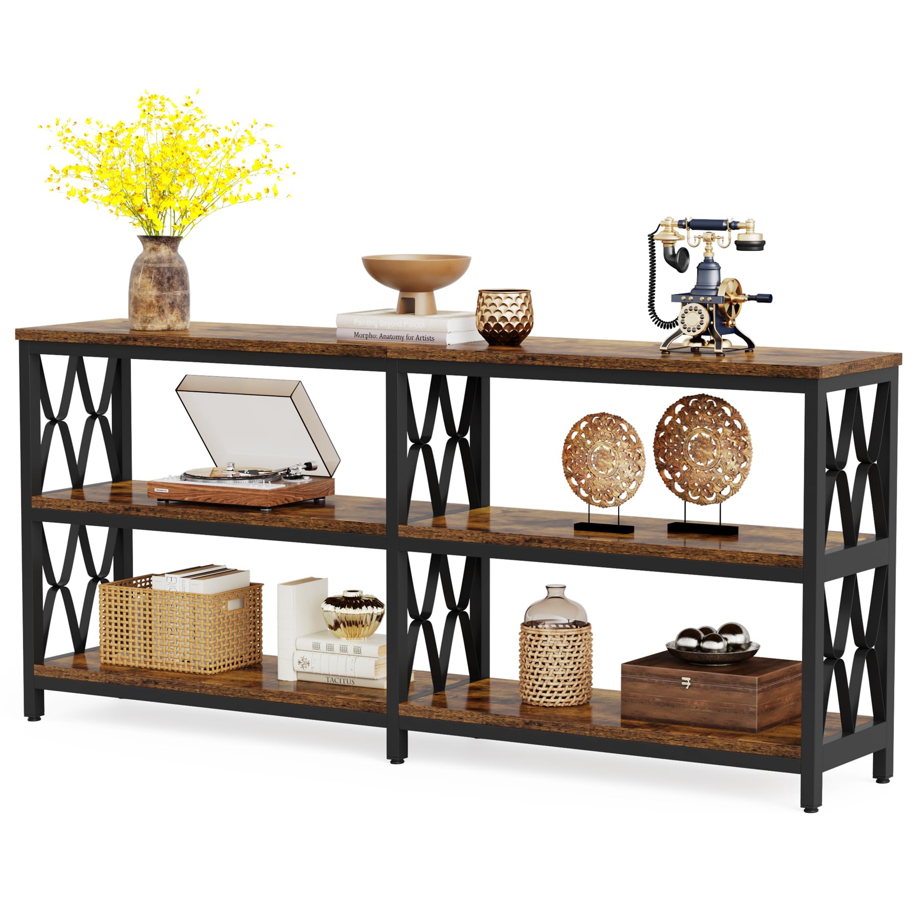 70.9" Long Console Table with Storage Shelves, Industrial 3-Tier Sofa Table for Living Room