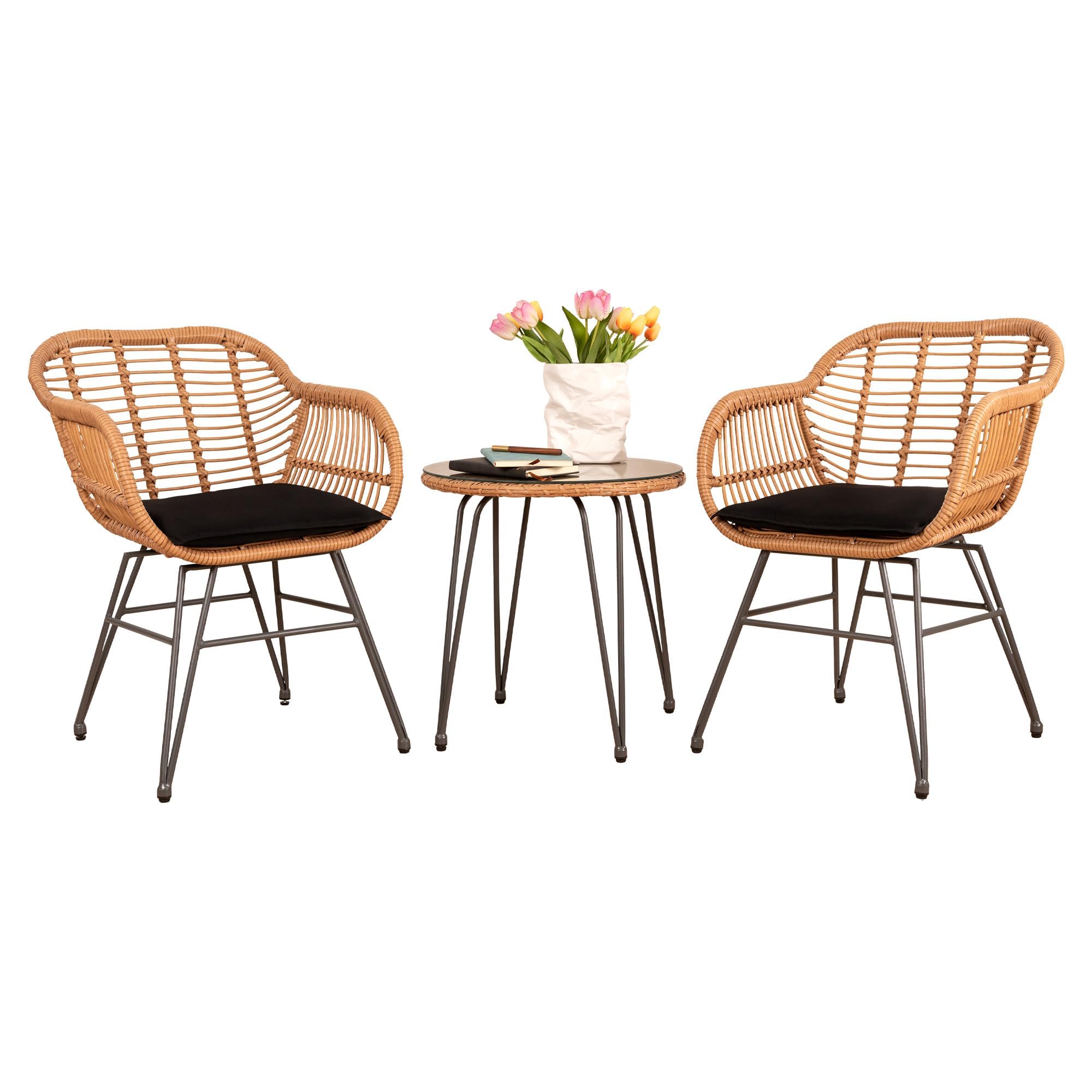 3 Piece Outdoor Wicker Furniture Patio Bistro Set, Balcony Furniture Rattan Conversation