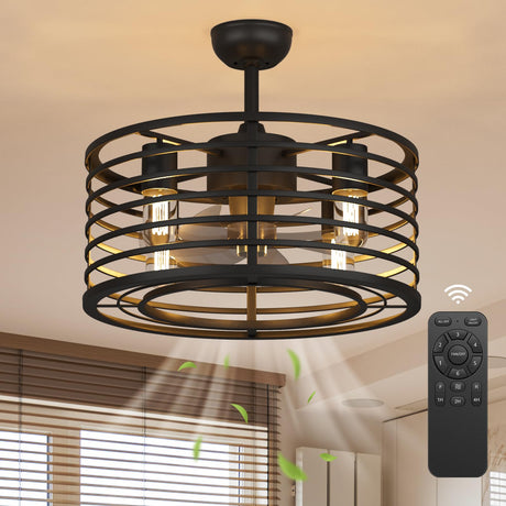 18in Black Caged Ceiling Fan With Light, Ceiling Fan Low Profile th Remote Control