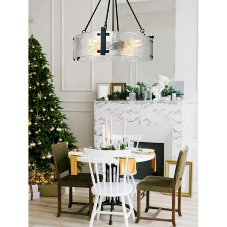 Glass Drum Chandelier for Dining Room, 21" Black Modern Textured Glass Chandeliers Over Table, Round Crystal Hanging Light Fixture for Living Room, Bathroom,Foyer, Kitchen Island, Bedroom