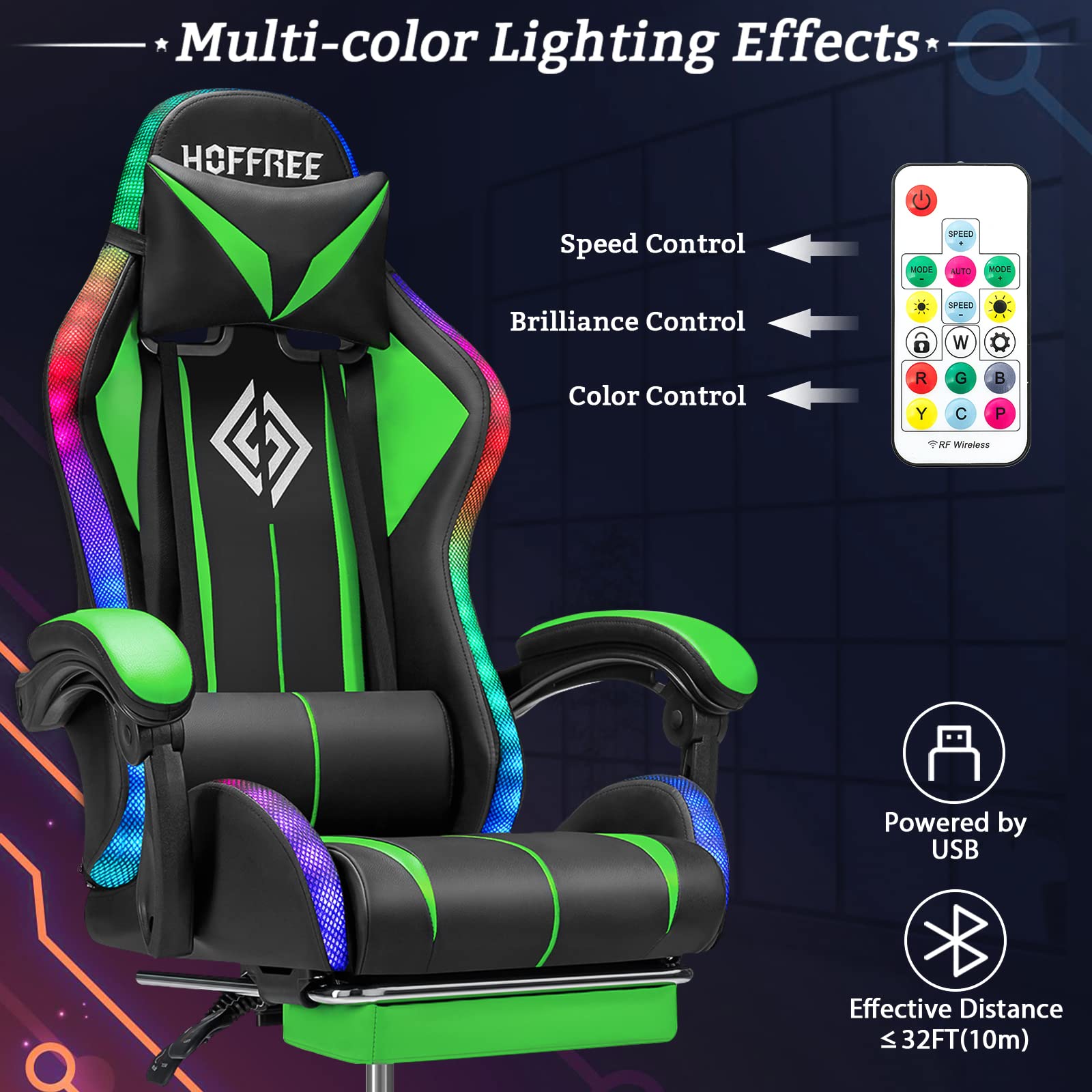 Ergonomic Gaming Chair with Massage, Bluetooth Speakers & LED Lights