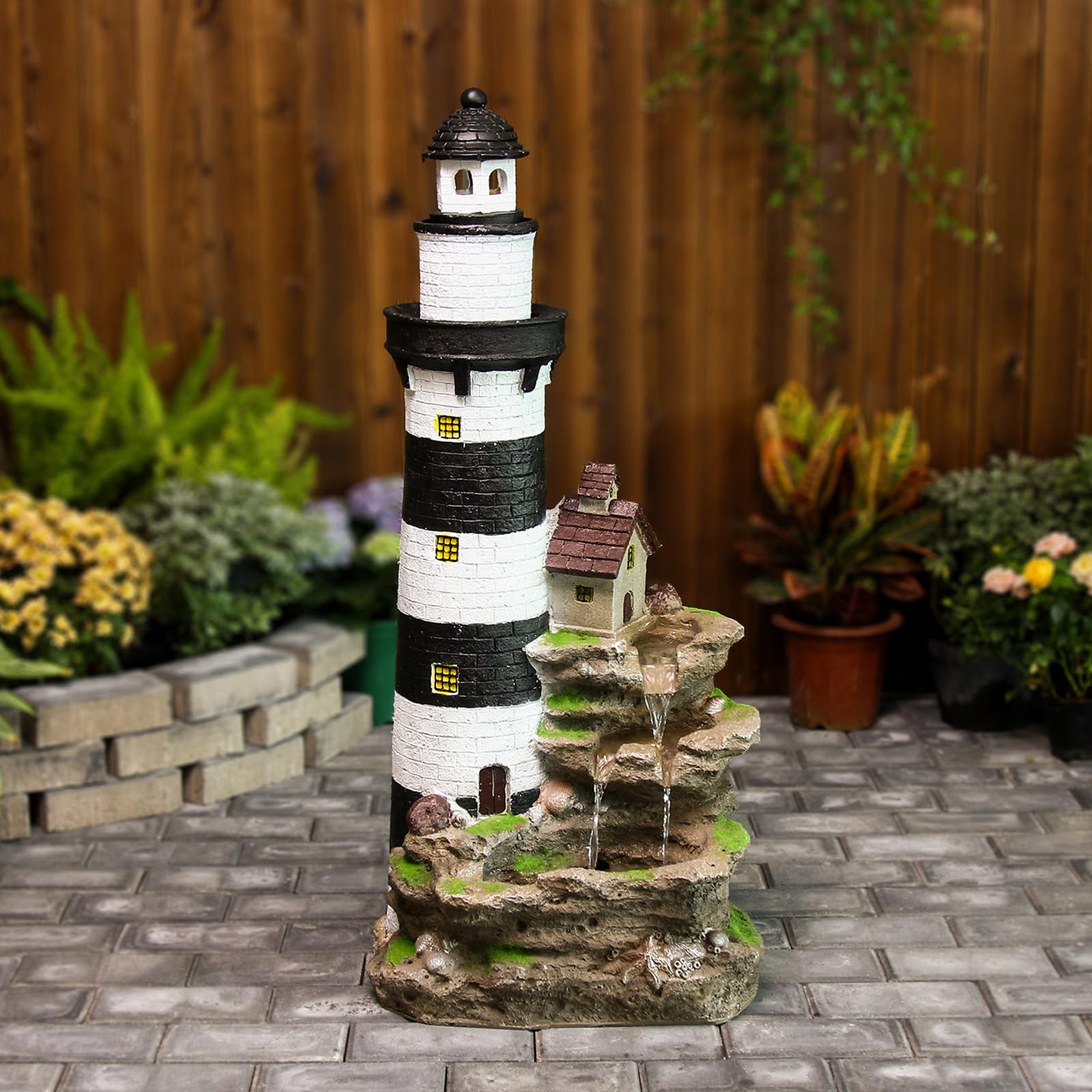 38.58" H Lighthouse Floor Waterfall Fountain with LED Lights 3-Tiered Rock Water Fountain