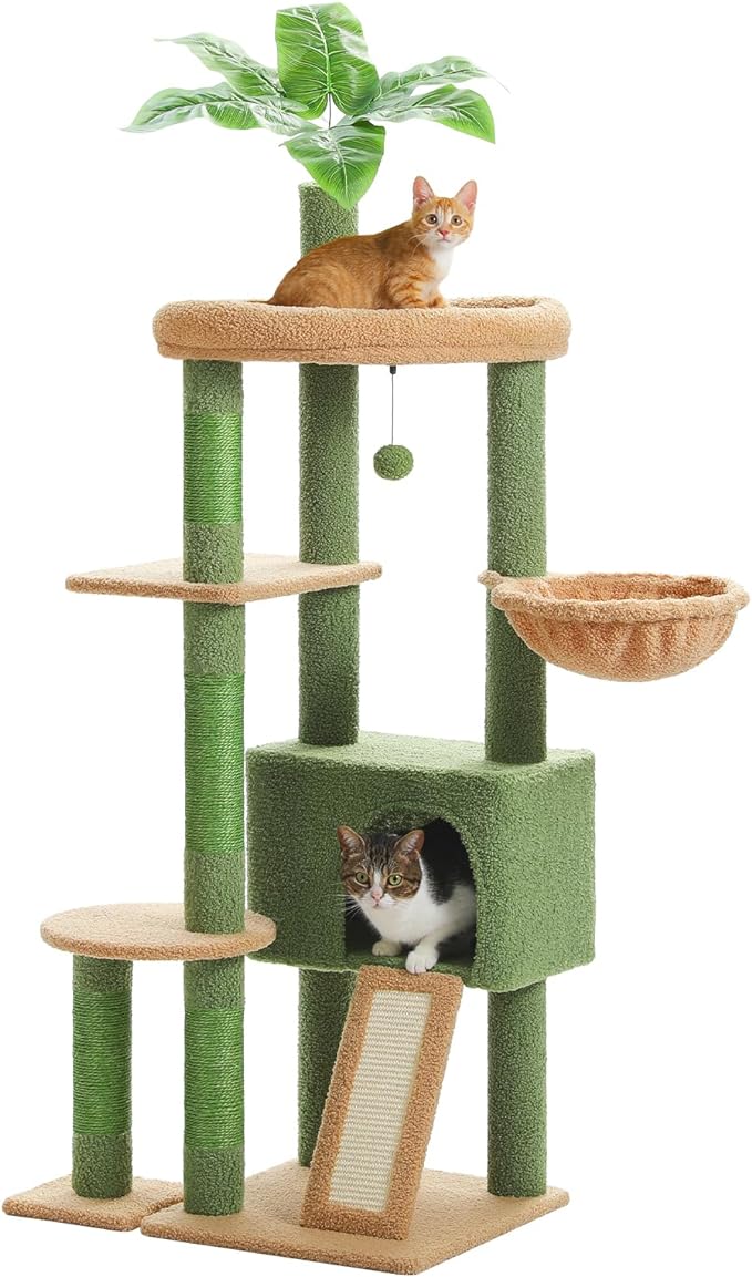 Cactus Cat Tree for Indoor Cats, 53'' Green Cat Tower with Large Cat Condo