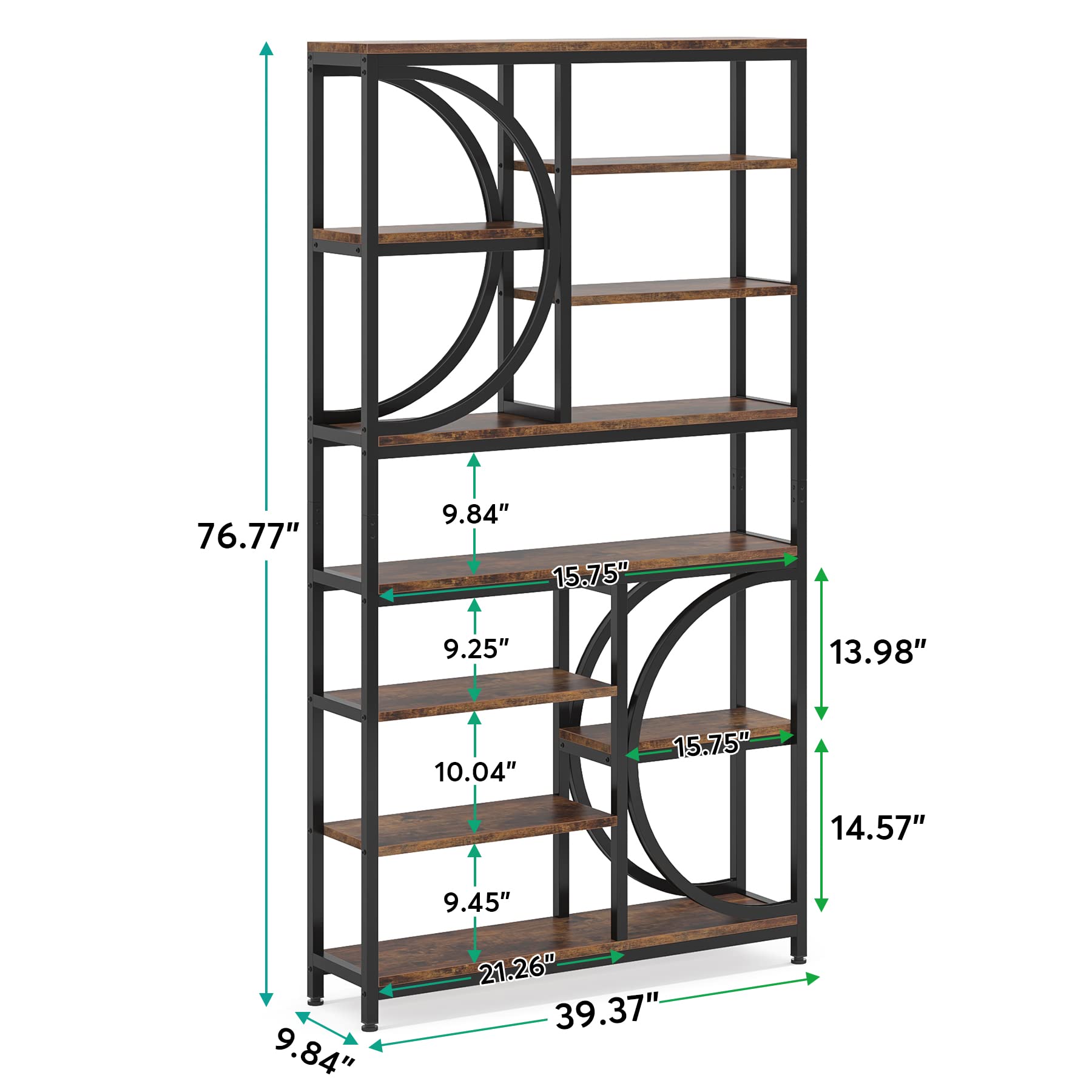 Bookshelf, Industrial 8-Tier Etagere Bookcases, 77-Inch Tall Book Shelf Open Display Shelves, Wood Look Accent Shelving Unit with Metal Frame for Home Office (1, Brown/Black)
