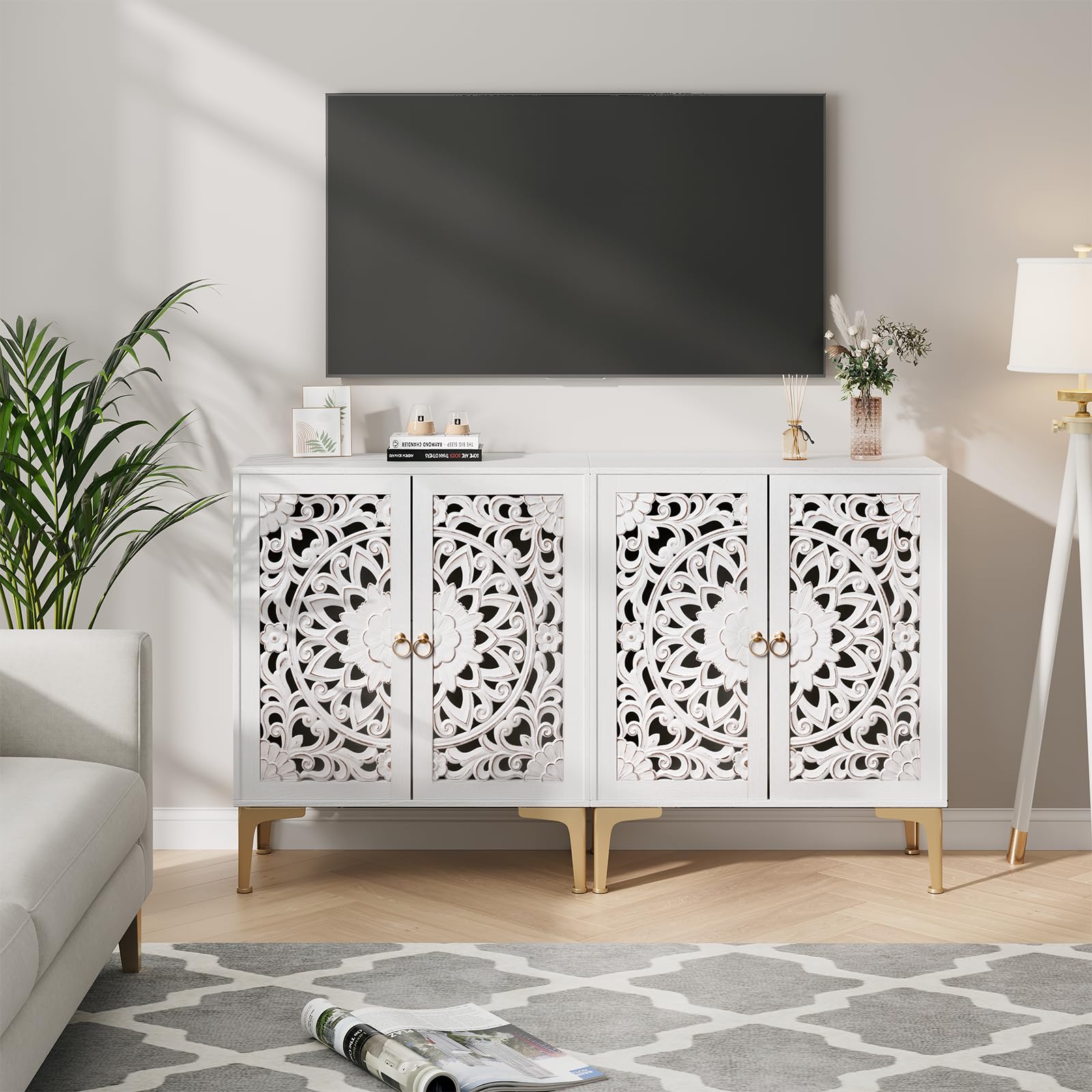 Vintage White Accent Cabinet with Carved Doors & Gold Legs – Decorative Storage Sideboard