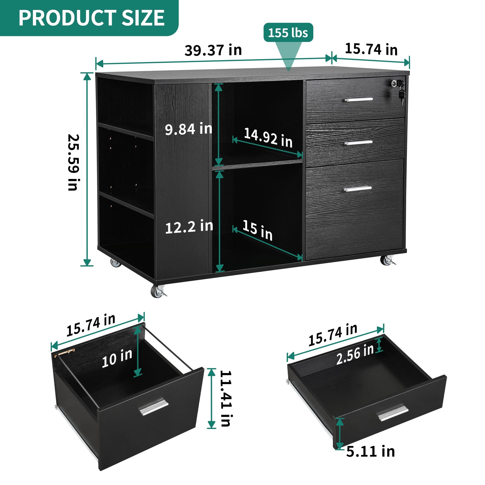 Mobile Wood File Cabinet, 3 Drawer Lateral Filing Cabinet, Black