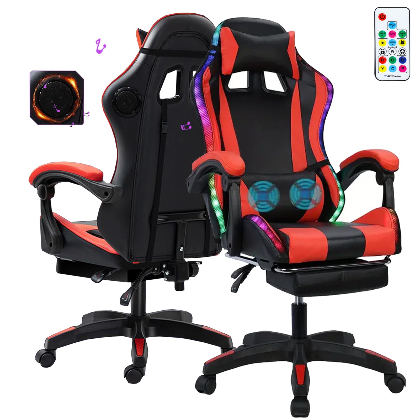 Gaming Chair with Bluetooth Speakers and LED Lights - Ergonomic High Back with Massage and Lumbar Support