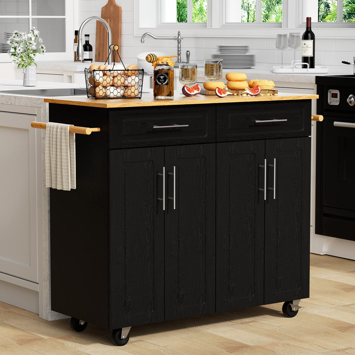 Kitchen Island Cart on Wheels, Rolling Kitchen Island with Storage Cabinets