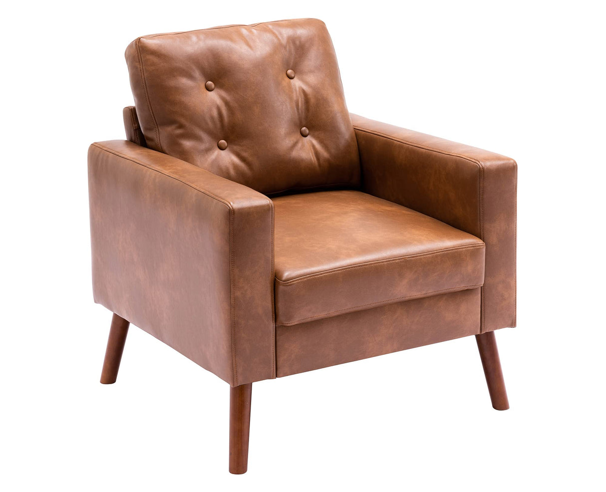 Tufted Accent Arm Chair with Wood Legs, PU Faux Leather Comfy Upholstered Single