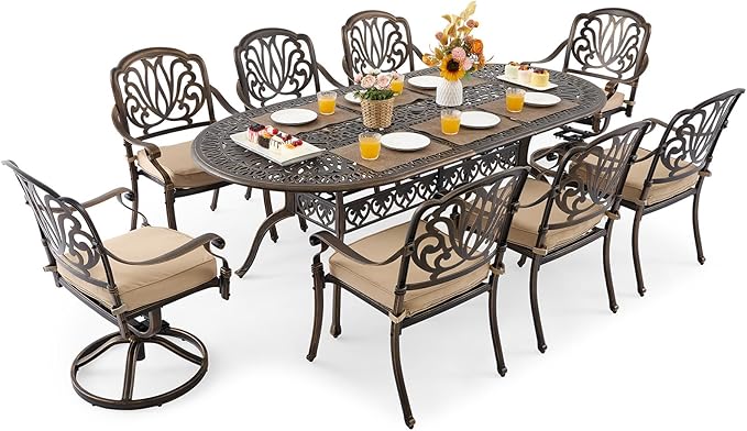 7 Piece Cast Aluminum Outdoor Dining Set Retro Patio Dining Set for 6 Includes 59” Rectangular Table and 6 Chairs