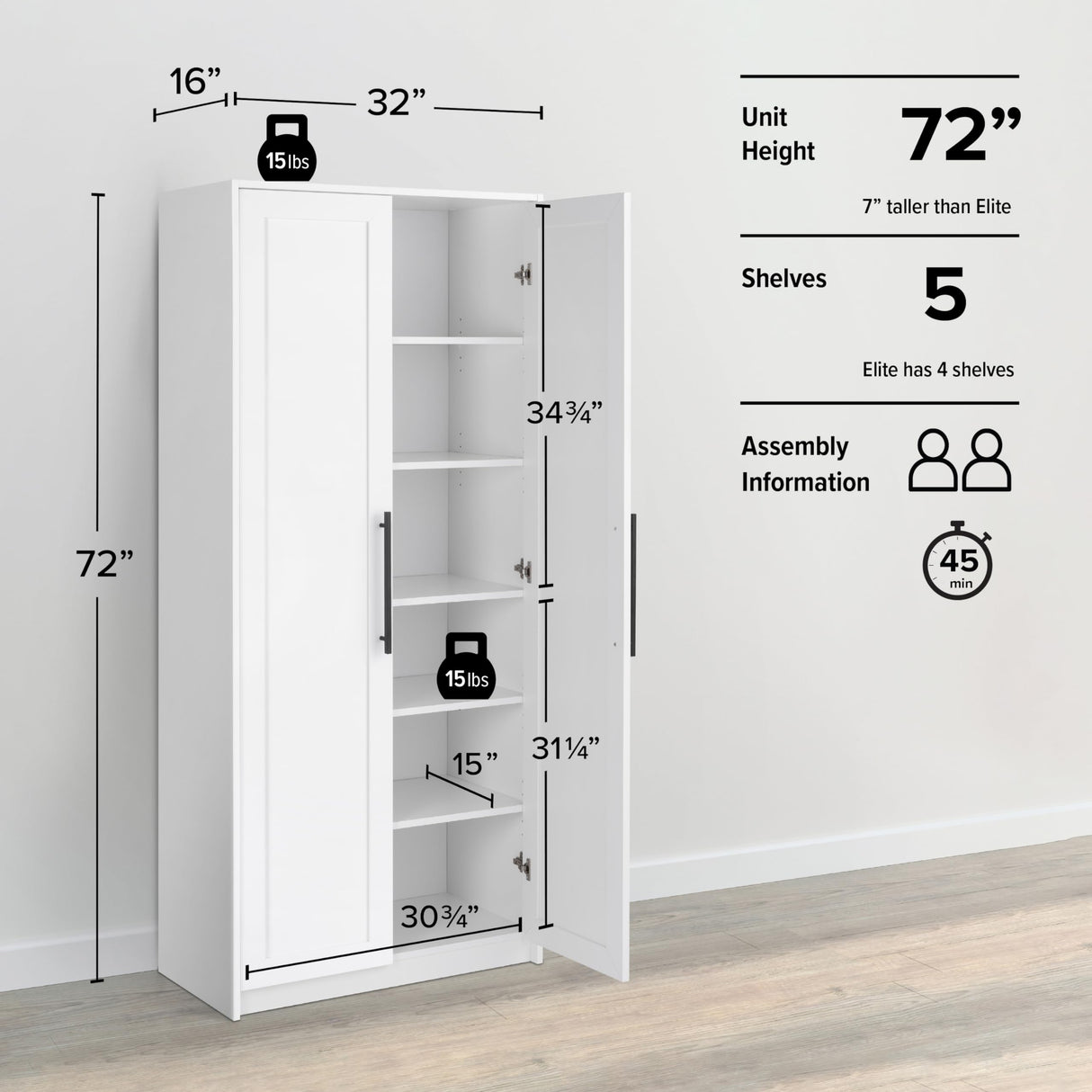 Elite Premium Home Doors, Storage, Bathroom, Pantry Cabinet with 5 Shelves