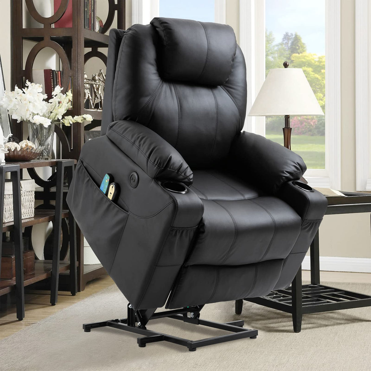 Power Lift Recliner Chair for Elderly, Electric Massage Heated Recliner Chair, Faux Leather Lift Chair with 2 Remote Controls, USB Ports, Cup Holders & Side Pockets for Living Room (Black)