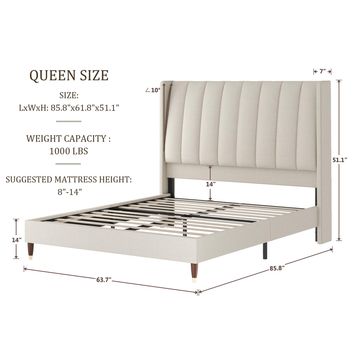 Queen Upholstered Bed Frame with Vertical Channel Wingback Headboard