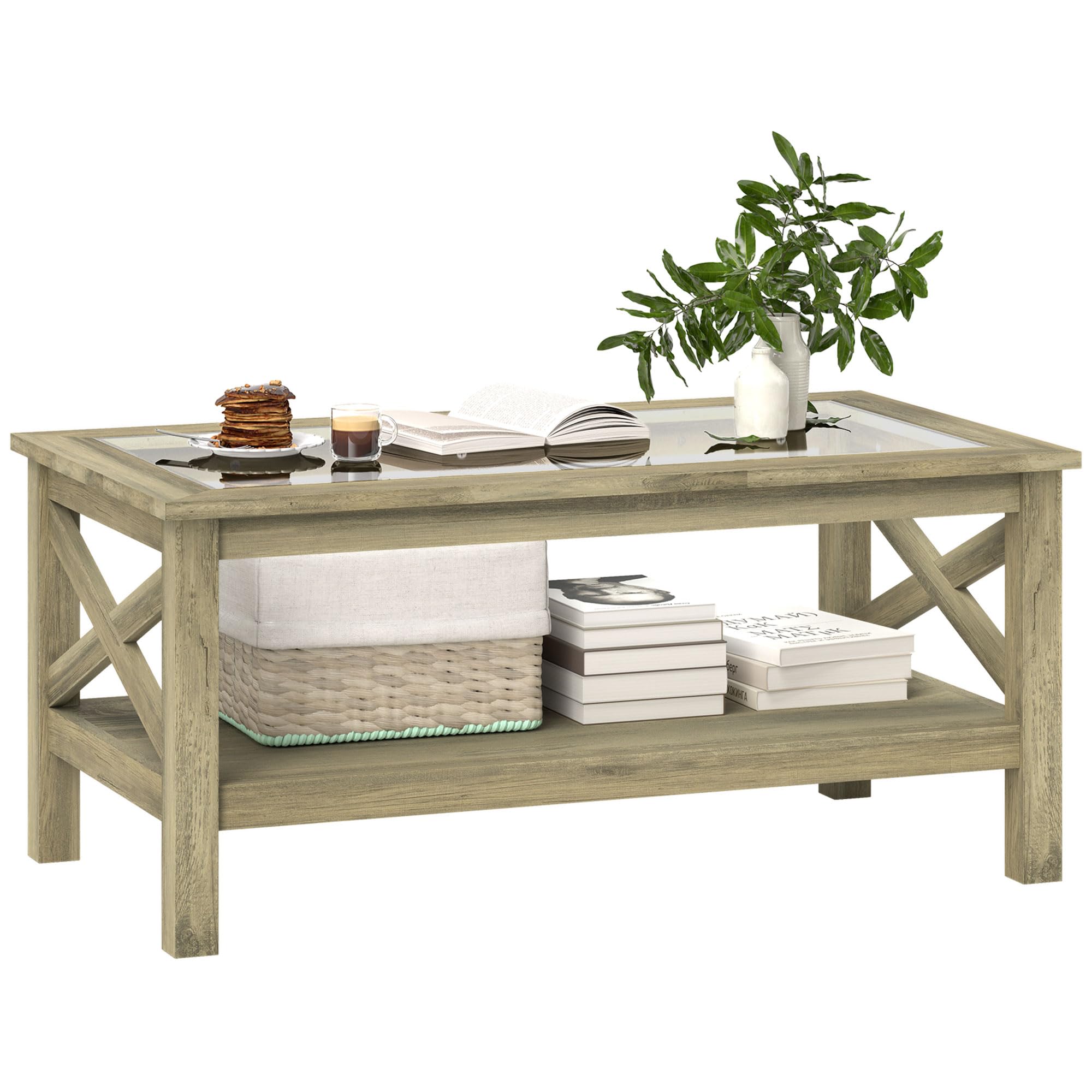 Glass Coffee Table, Modern Farmhouse Center Table with Storage, Side Table