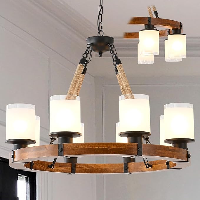 Farmhouse Wood Wagon Wheel Chandelier,6-Light Rustic Pendant Light with Glass Shades