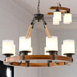 Farmhouse Wood Wagon Wheel Chandelier,6-Light Rustic Pendant Light with Glass Shades