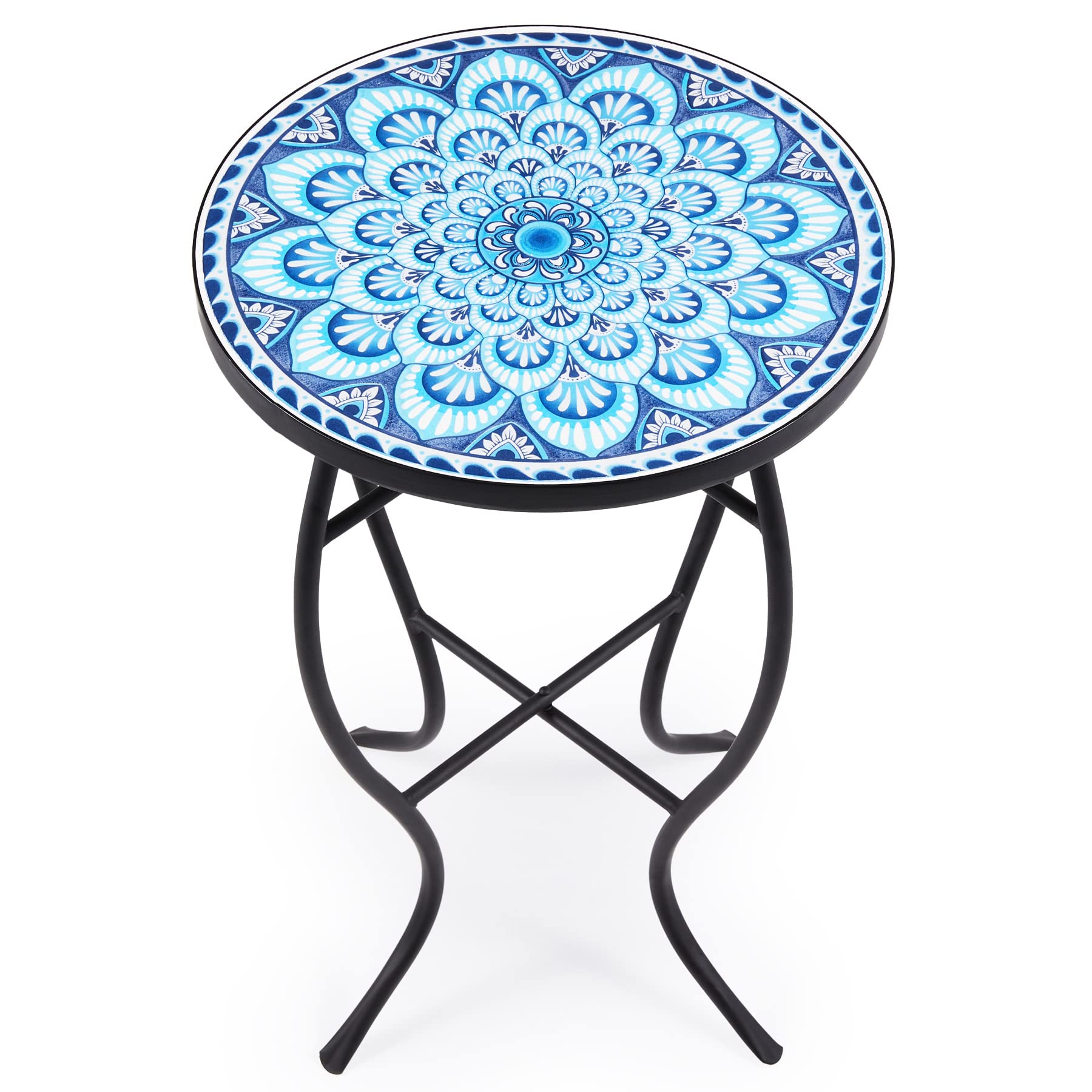 VONLUCE Mosaic Side Table and Plant Stand, 21" Round End Table with 14" Ceramic Tile Top, Indoor & Outdoor Accent Table, Porch Patio Furniture, Entryway & Coffee Table for Home & Garden, Blue Mandala - Bircata