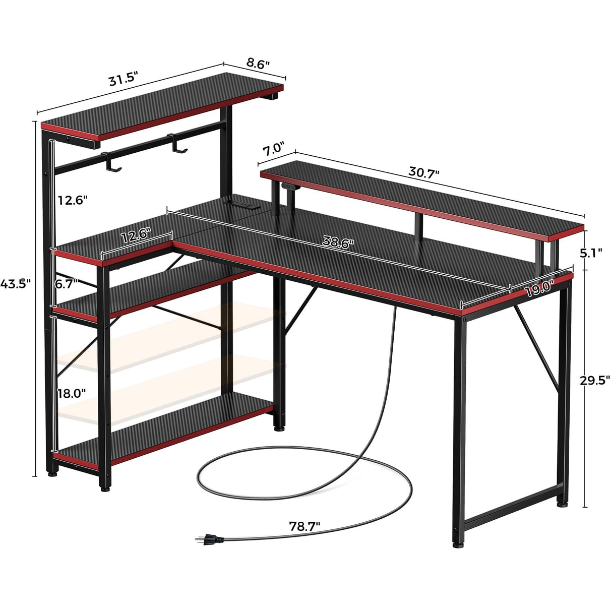 Seventable Gaming Desk with Power Outlet and LED Light, Reversible Small Desk with Monitor Stand, 4 Tiers Shelves and Hooks, 39" L Shaped Computer Desk for Living Room and Bedroom, Carbon Fiber Black