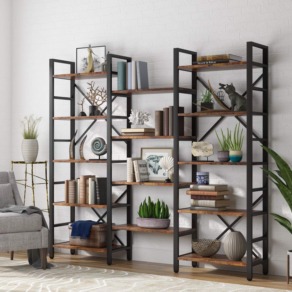 Triple Wide 5-Shelf Bookcase, Etagere Large Open Bookshelf Vintage Industrial Style Shelves Wood and Metal bookcases Furniture for Home & Office, 70 inch
