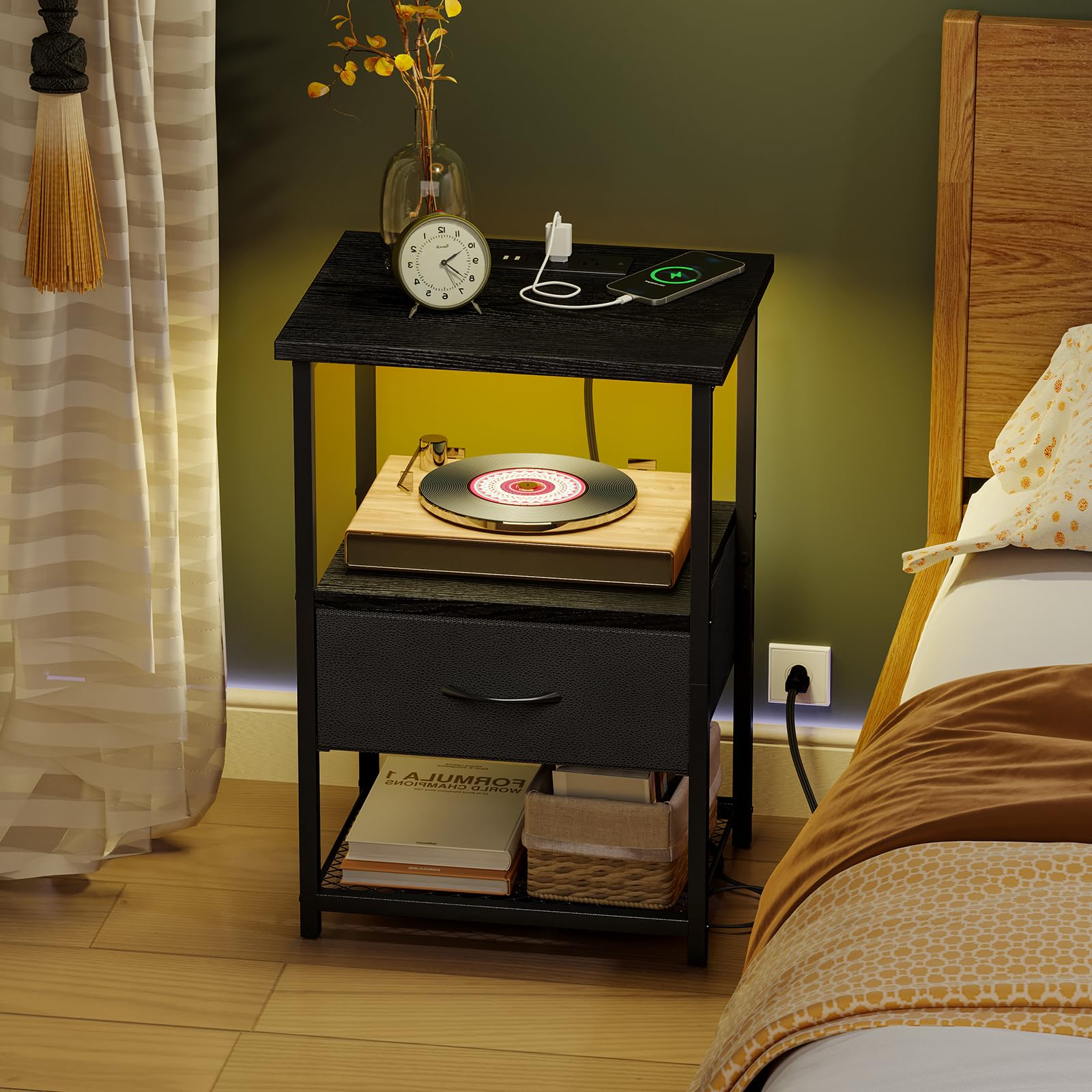 Night Stand Set of 2 with Charging Station, LED Nightstand