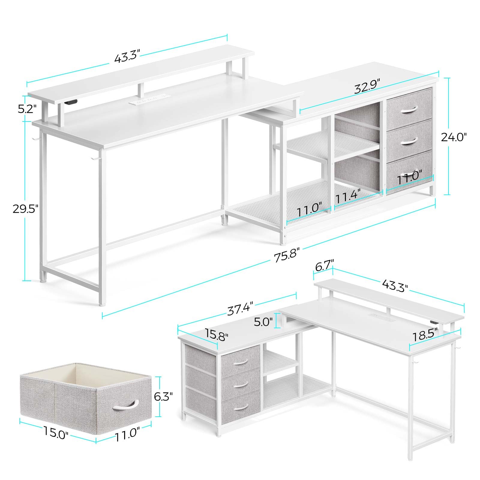 Seventable L Shaped Computer Desk with Drawers, Reversible Gaming Desk with LED Lights & Charging Port, Corner Desk with Storage Shelves & Monitor Stand for Home Office White