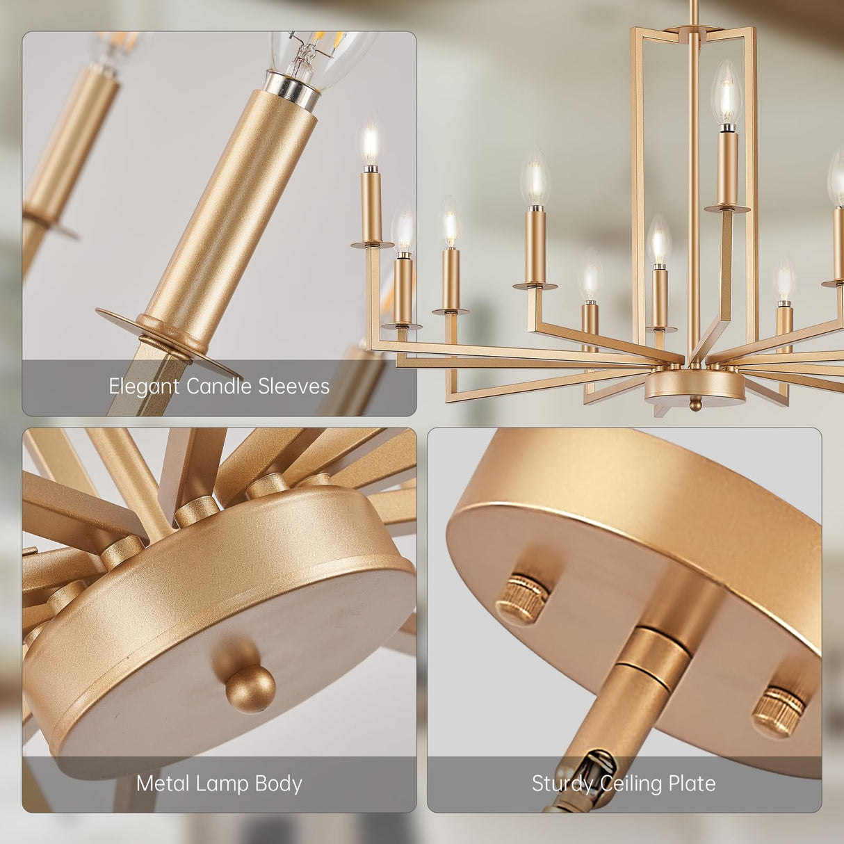 Modern Gold Farmhouse Chandelier, 12-Light Candle Dining Room Farmhouse Chandeliers,