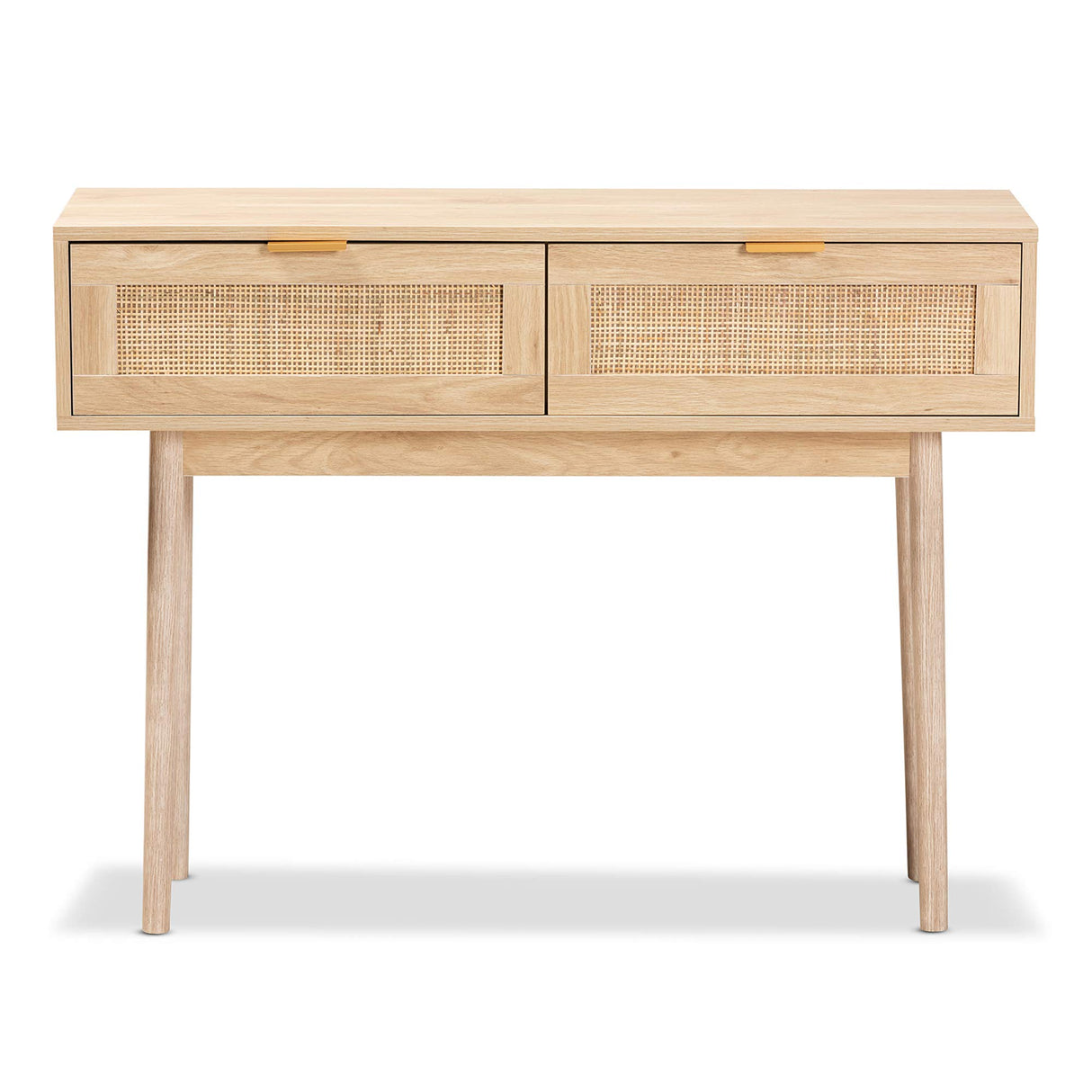Baird Mid-Century Modern Light Oak Brown Finished Wood and Rattan 2-Drawer Console