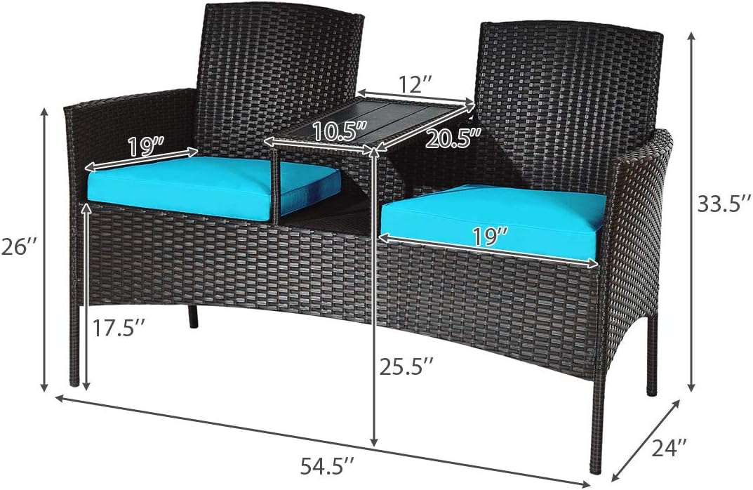 Outdoor Rattan Loveseat, Patio Conversation Set with Cushions & Table