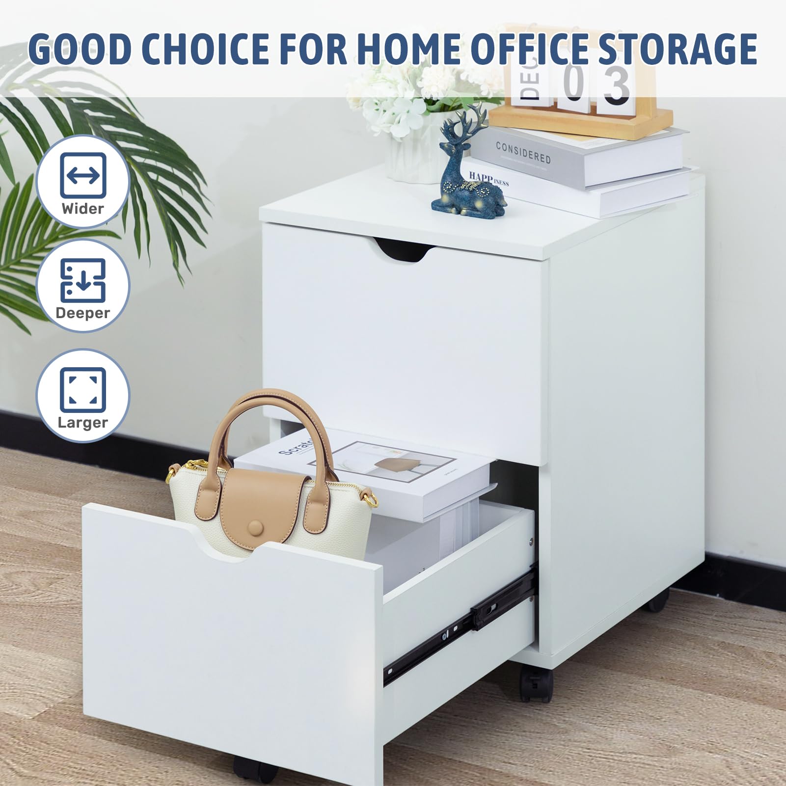 Deep 2-Drawer Mobile Wood File Cabinet, Under Desk Rolling File Cabinets