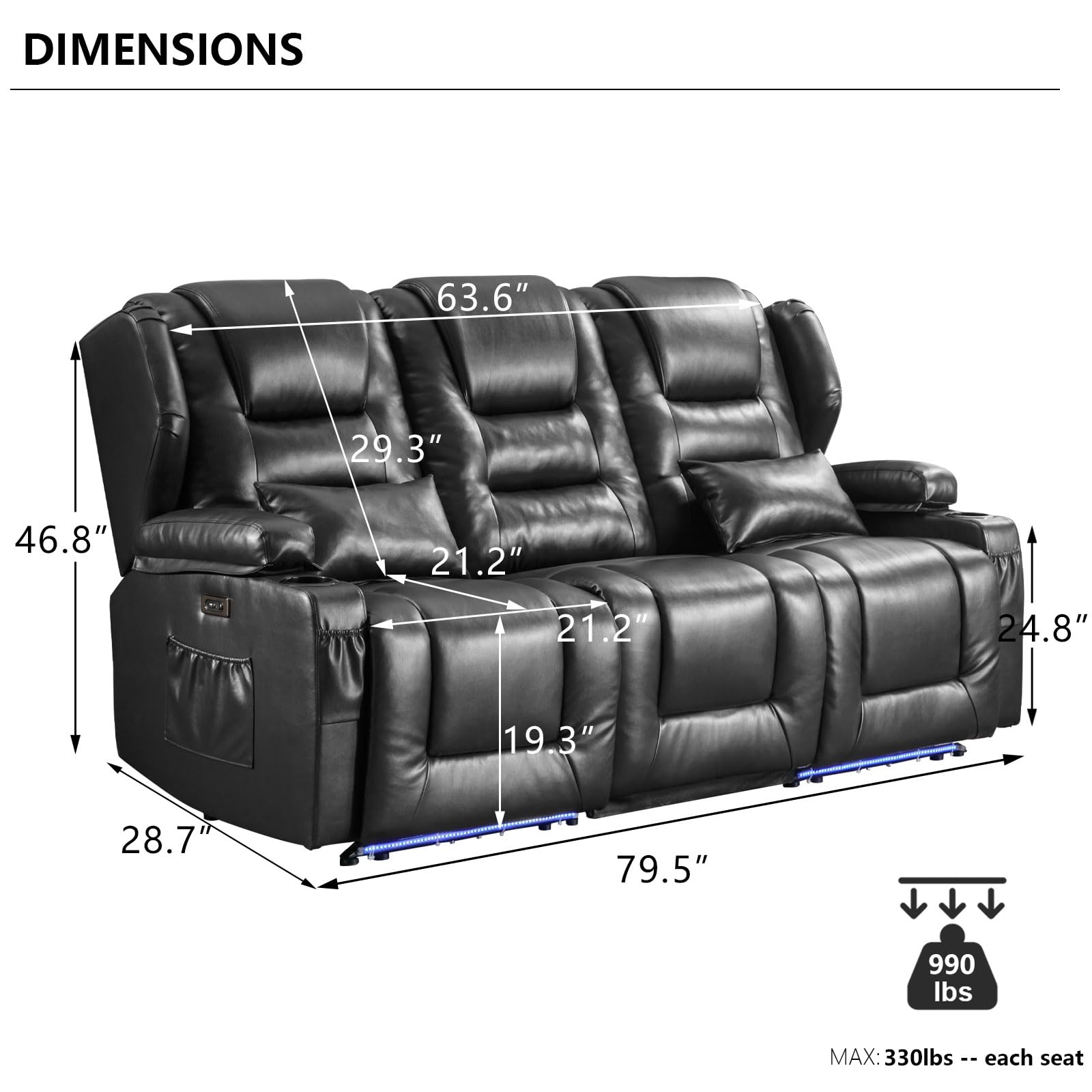 3 Seater Recliner Sofa Power Reclining Sofa with Console Wall Hugger Recliners