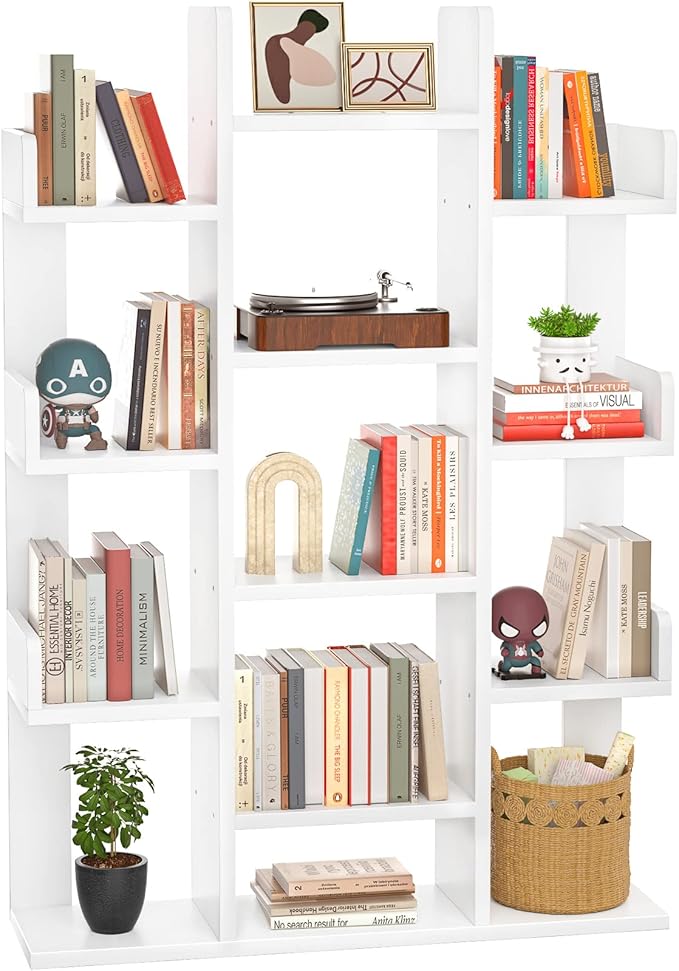 Tree-Shaped Bookcase Storage Shelf with 13 compartments, Books Organizer Display Cube Shelves, Industrial Free Floor Standing Wood Open Bookshelves, Black