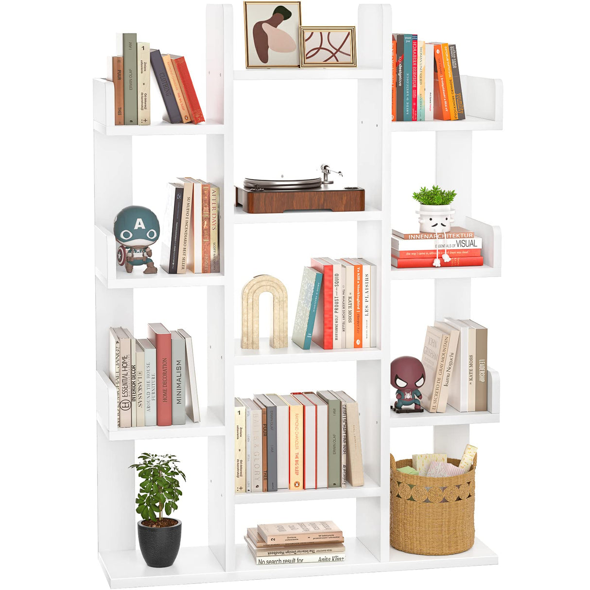 Bookshelf, Tree-Shaped Bookcase Storage Shelf with 13 compartments, Books Organizer Display Cube Shelves, Industrial Free Floor Standing Wood Open Bookshelves for Home, White