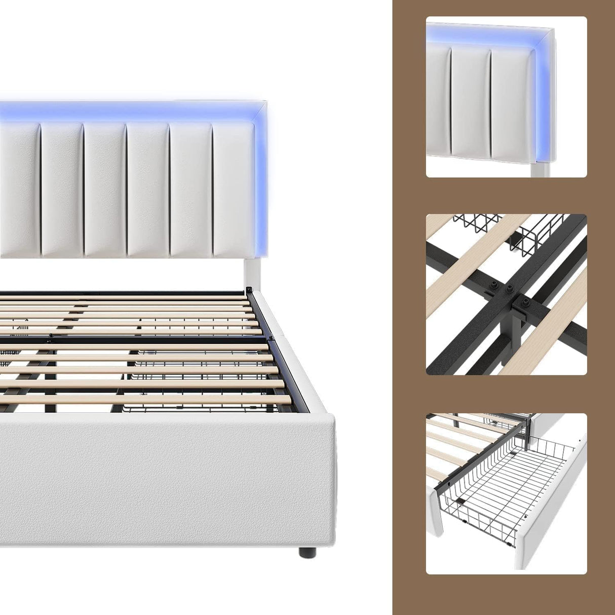 Full Size Bed Frame with LED Lights and 4 Storage Drawers, Upholstered Platform Bed