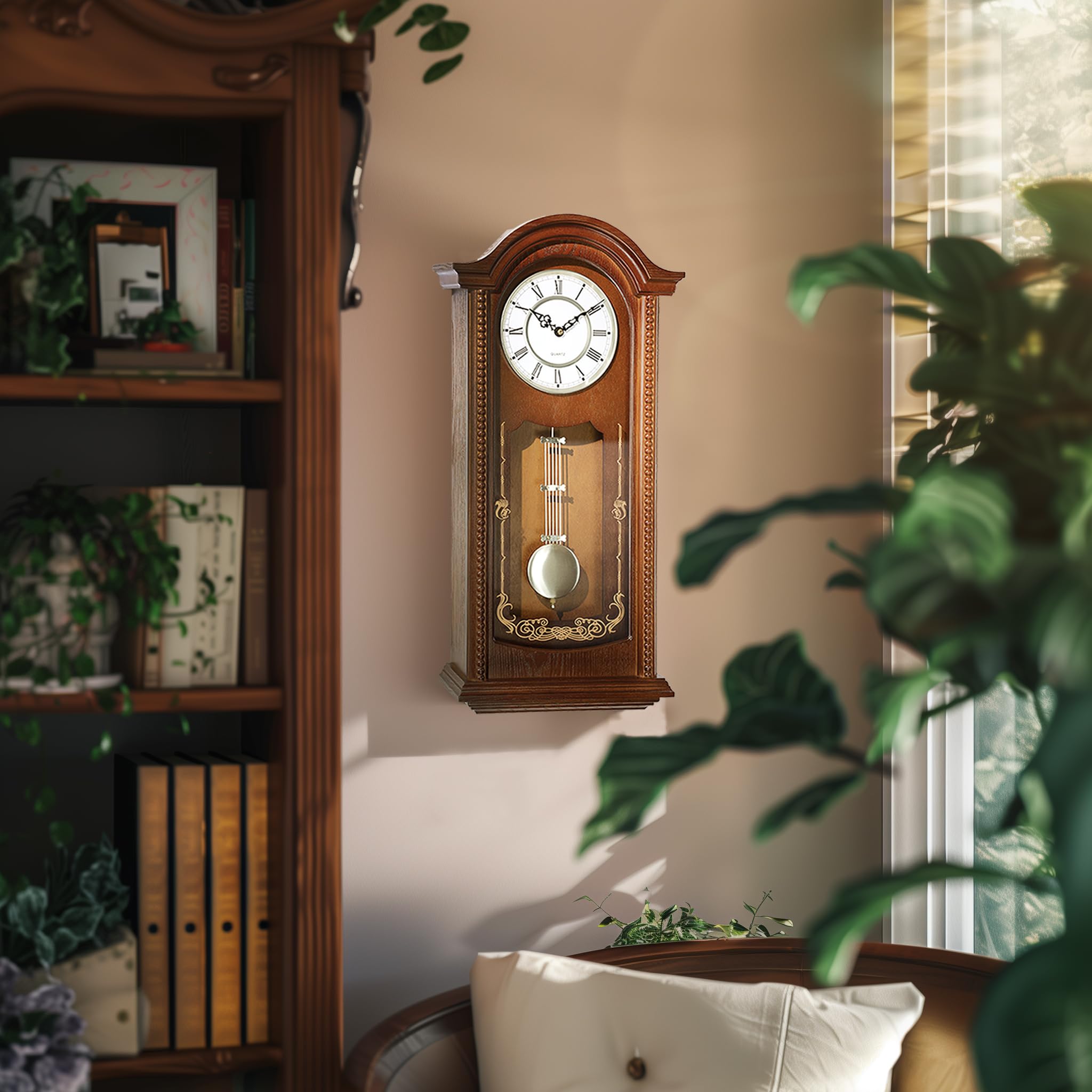 26IN Grandfather Vintage Wall Clock with Pendulum and Chime, Hour/Quarter-Hour Chime